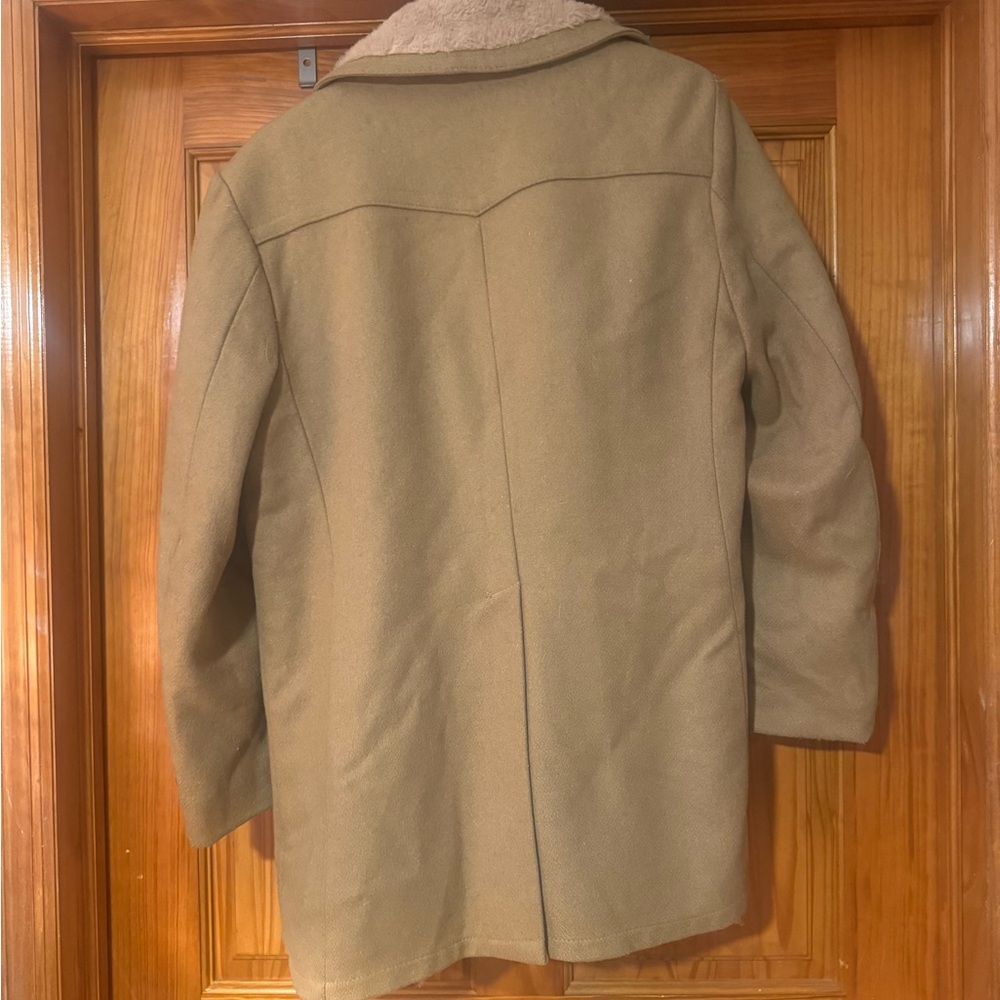 Men's Tan Pea Coat with Shearling Lining - Picture 4 of 4